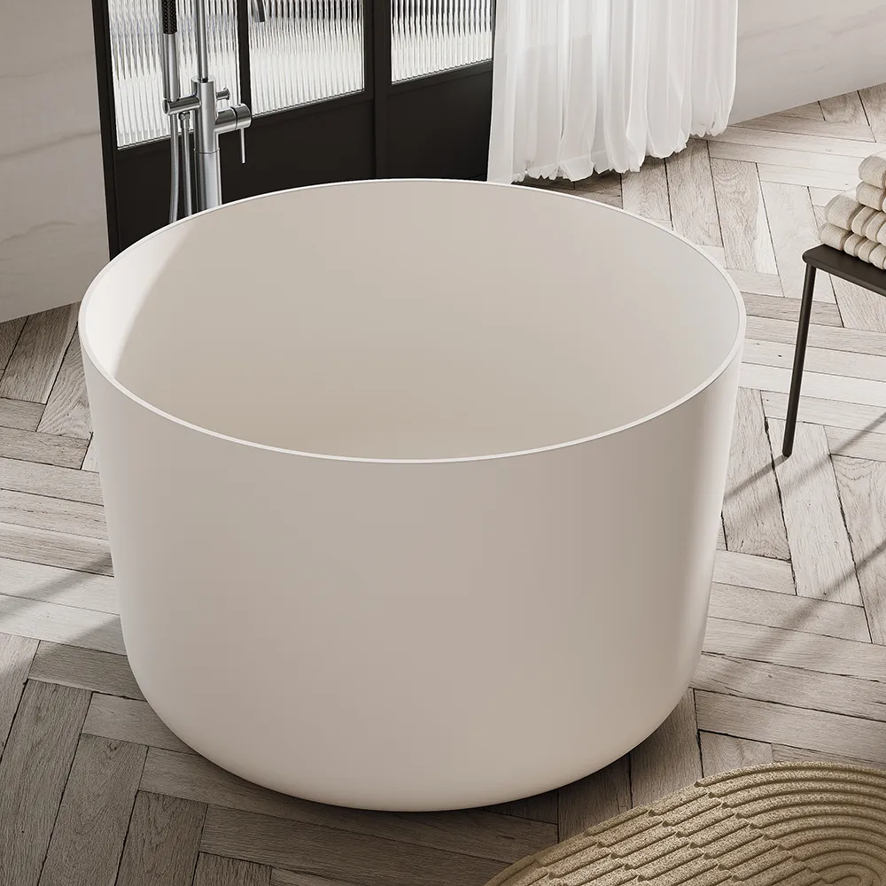 41" Freestanding Japanese Soaking Bathtub Matte White Round Stone Resin Tub — image 3