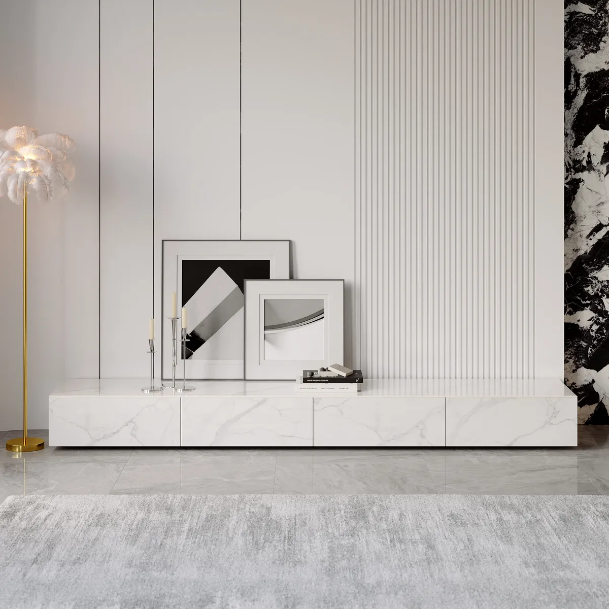 87" Black TV Stand Faux Marble with Storage for TVs Up — image 12