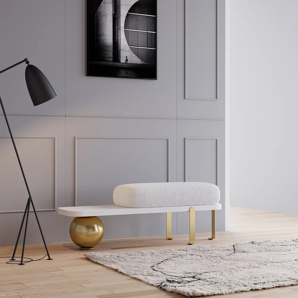 Ball design Entryway Bench Wooden Furniture with Abstract Metal Legsin White & Gold (47.2" Wide) — image 5