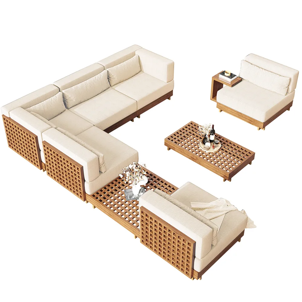 10 PCS Premium Teak Modular L-Shaped Outdoor Sofa Set with Fire Pit & Teak Coffee Table Large Outdoor & Patio Luxury Teak Sofa Set with Fire Pit — image 10