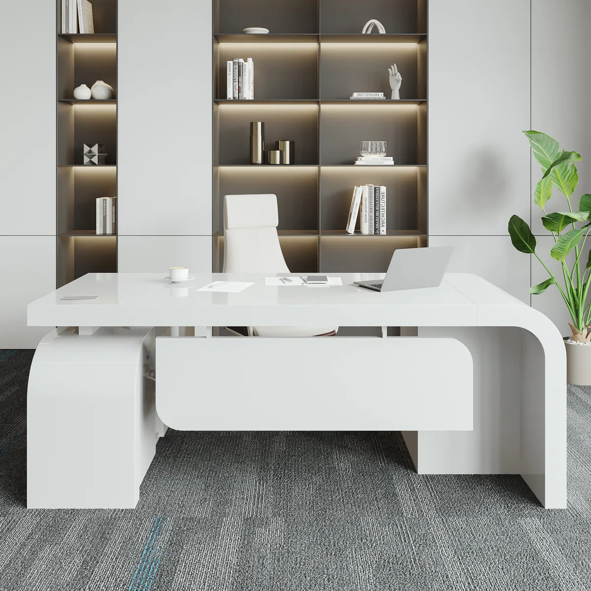 L-shaped Modern Executive Desk & Reclining Leather Office Desk Chair High Back — image 14