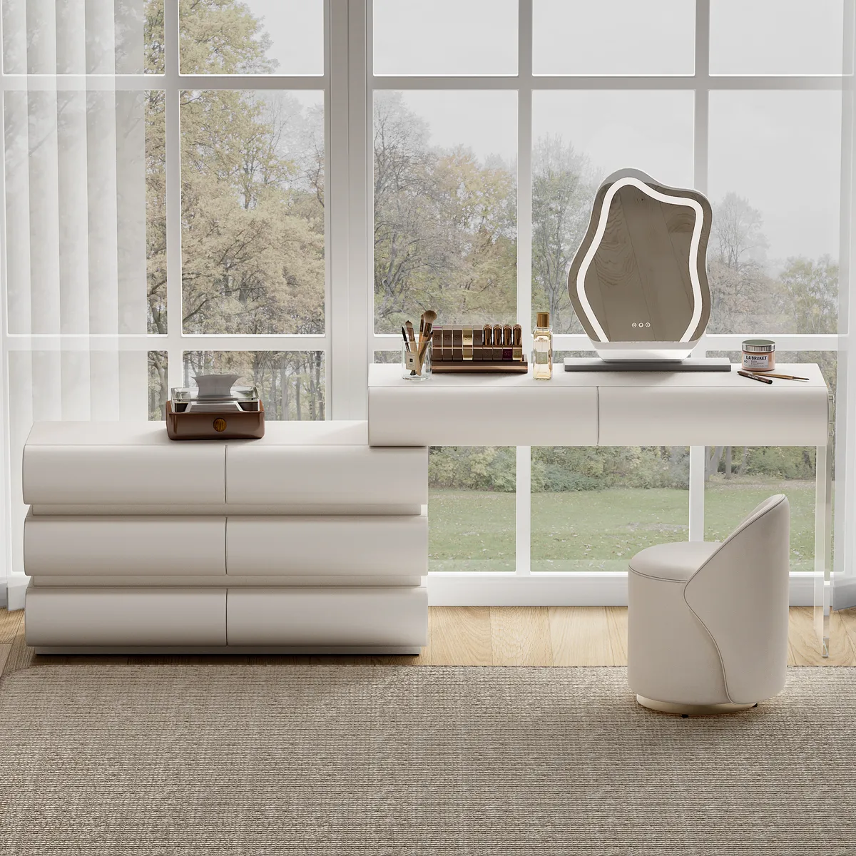 modern white PU leather dressing table set with stool and LED mirror — image 25
