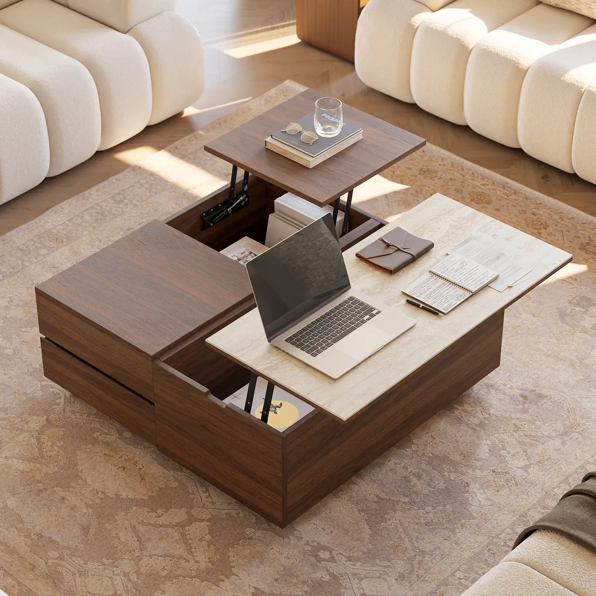 39" Square Lift-Top Wood Travertine Veneer Sintered Stone Top Coffee Table with Storage — image 13