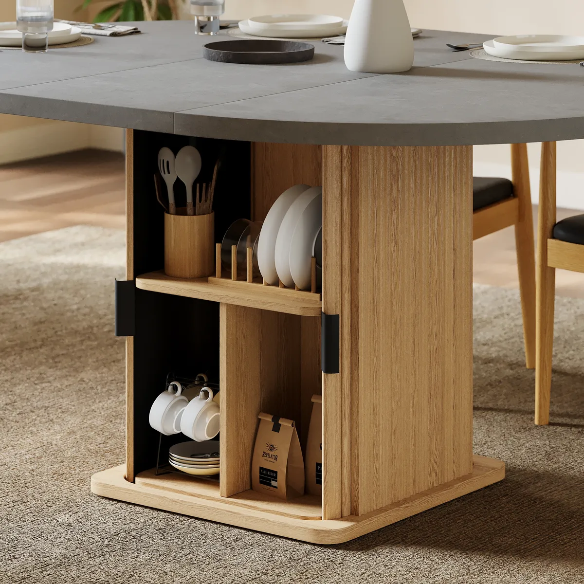 47"-63" Gray Extendable Dining Table Modern for 6 with Fluted Base & Storage — image 9