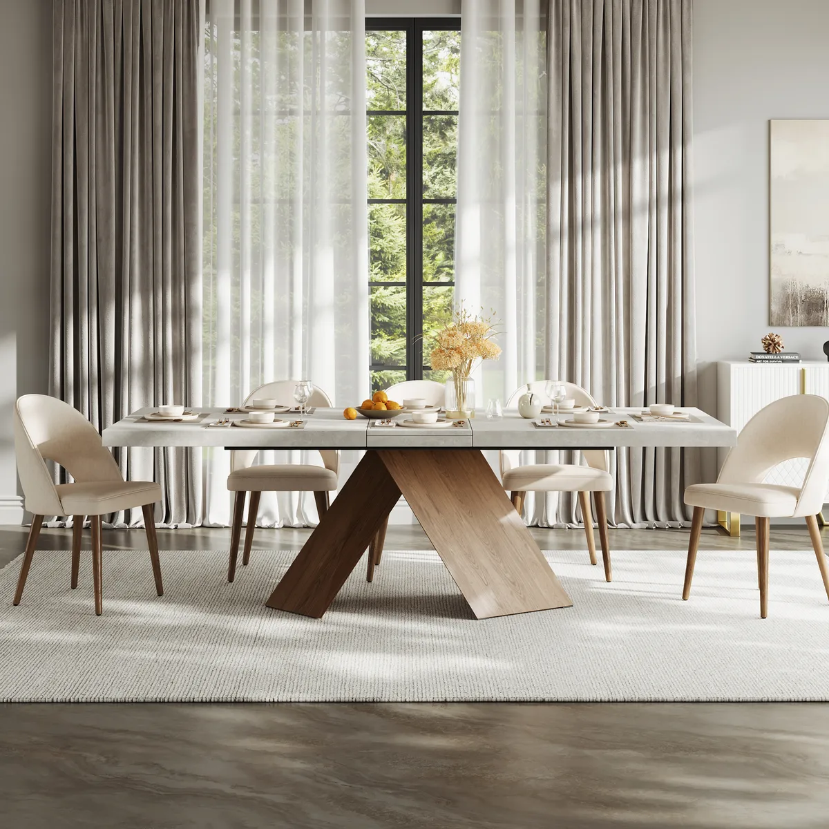 63"-79" Extendable Walnut Dining Table Modern Farmhouse Rectangle 4-6 Seater Pedestal — image 14