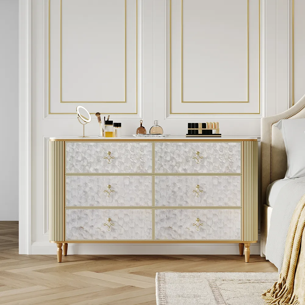 Art Deco 6 Drawer Dresser Capiz Shell Beige Chest Storag Cabinet with Sintered Stone Top — image 3