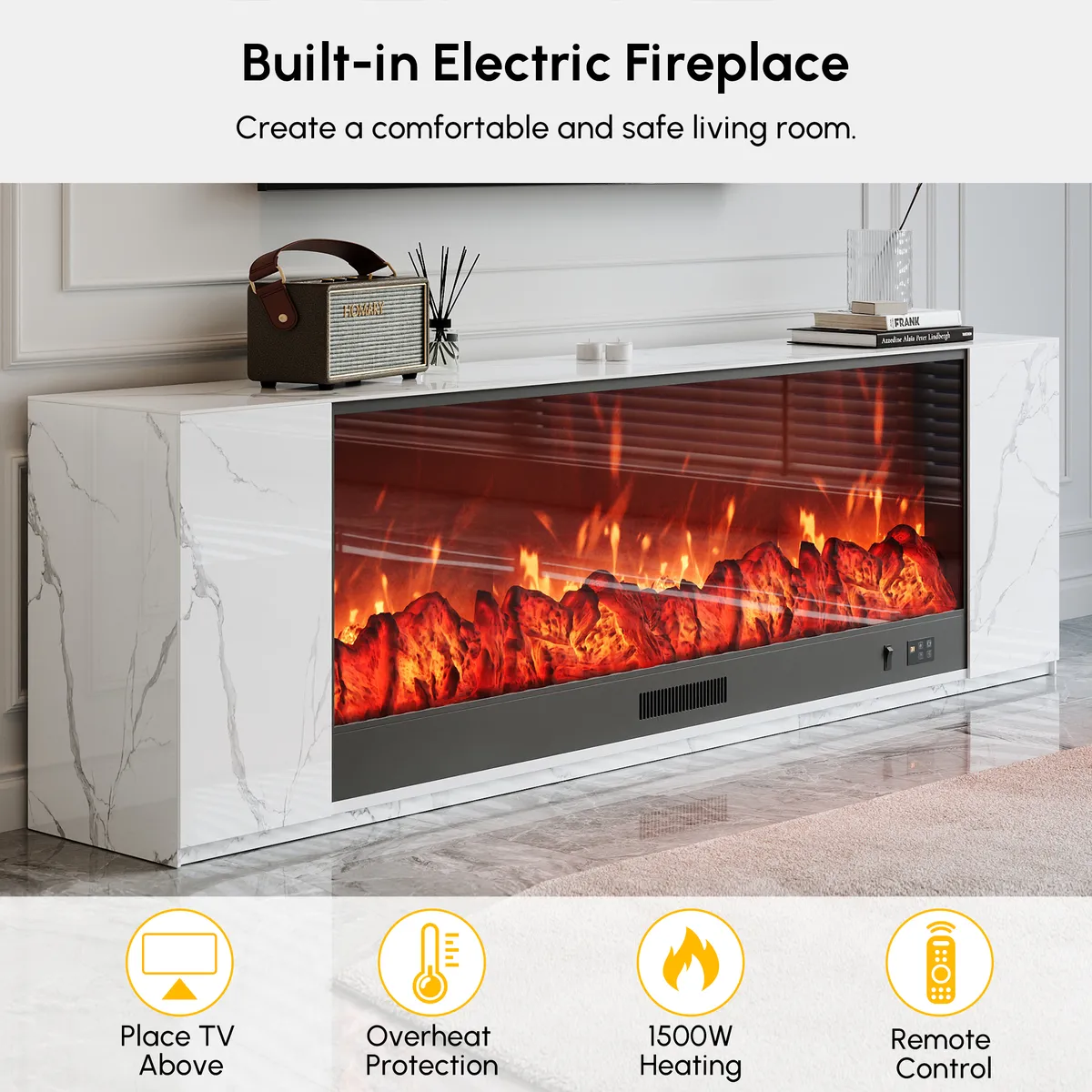 71" Sintered Stone Electric Fireplace TV Stand with Remote Control — image 26