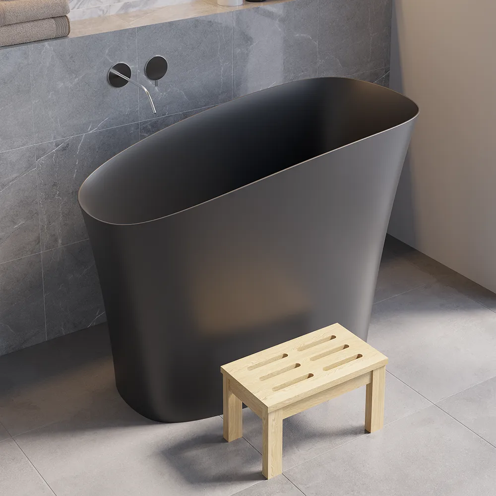 47" Japanese Irregular Freestanding Stone Resin Soaking Bathtub, Marble Look — image 22