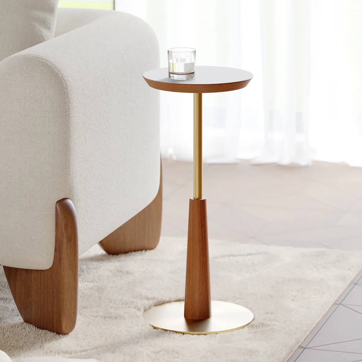 Round Mid-Century Modern Cocktail Table Walnut & Gold Side Table — image 5