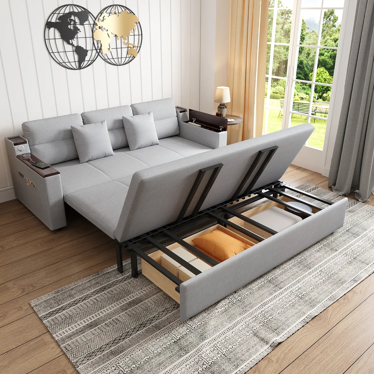 King Size Daybed with Trundle Linen Pull Out Sofa Bed