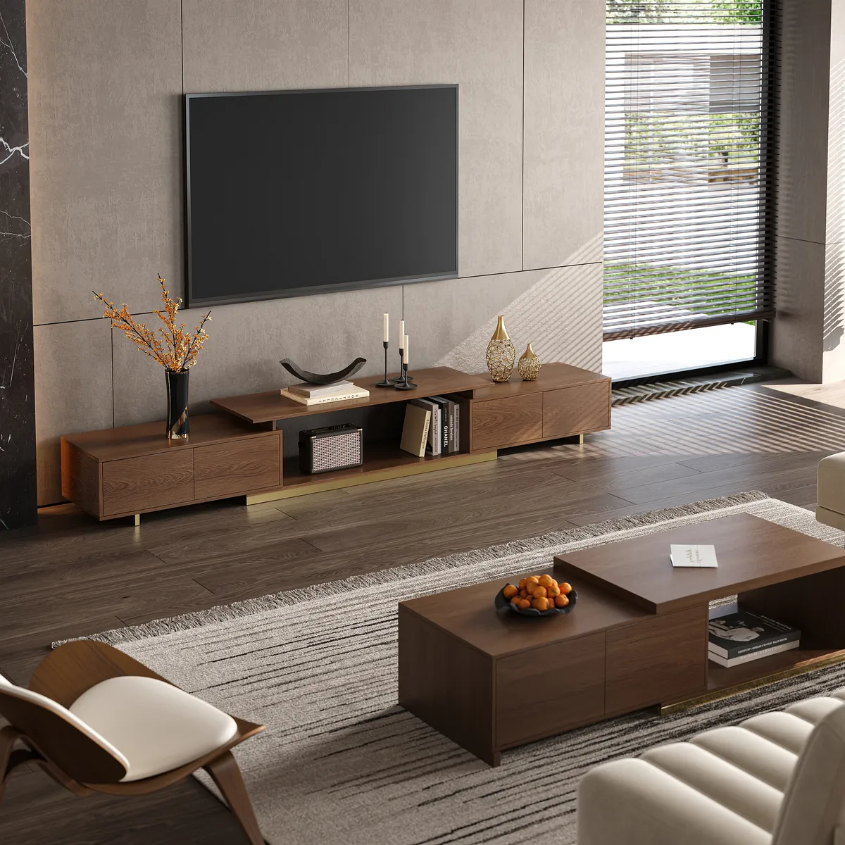 Mordel Natural Modern Rectangle Glossy Extendable TV Stand Storage for 65 to 85" TV — image 15