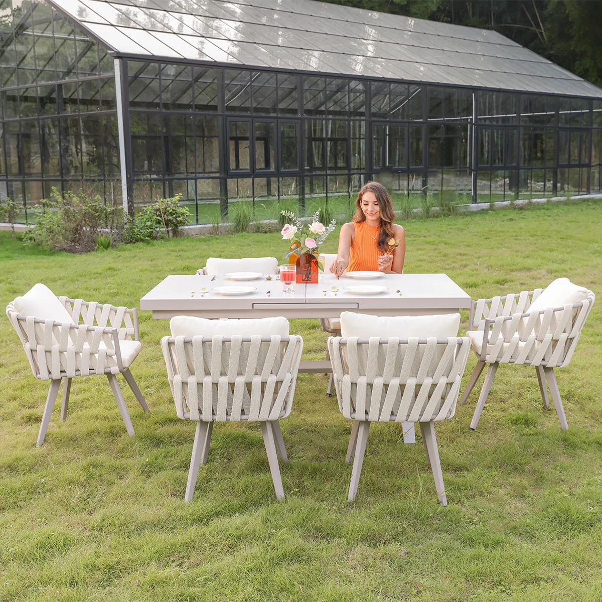 7-Piece Outdoor Extendable Dining Set with 6 Rope Weave Chairs in Gray(64"-84") — image 11