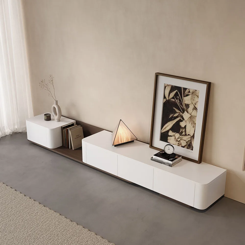 107.8" Off White Modern Wood Extendable TV Stand with 4 Drawer Retracted Cream Media Console — image 14