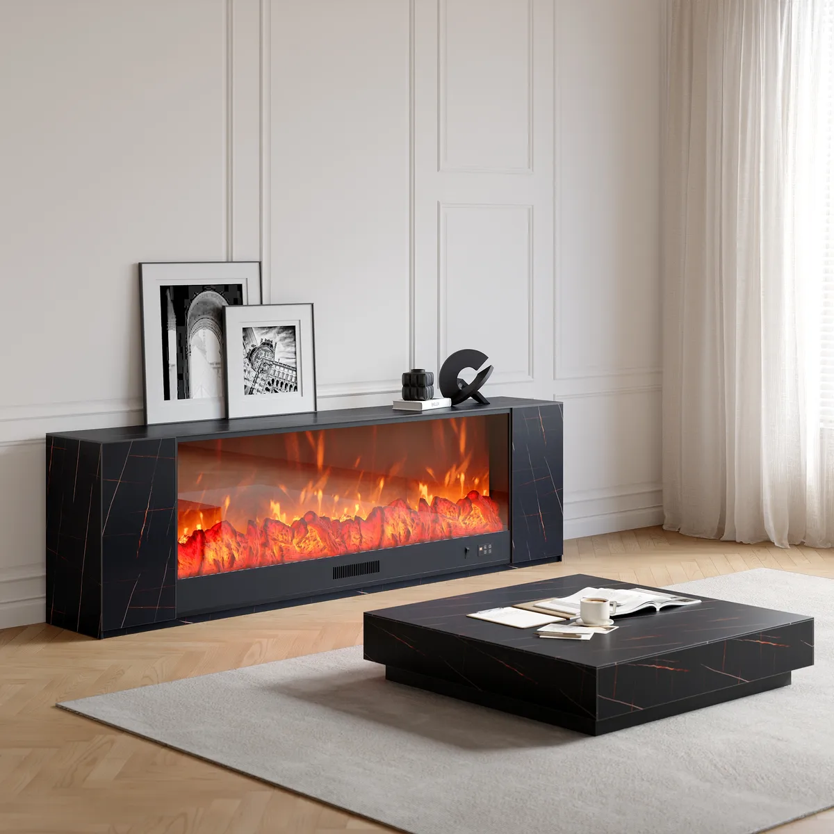 87" Modern White Marble Veneer Sintered Stone Electric Fireplace TV Stand with Remote Control Temperature Adjustable Coffee Table Set — image 11