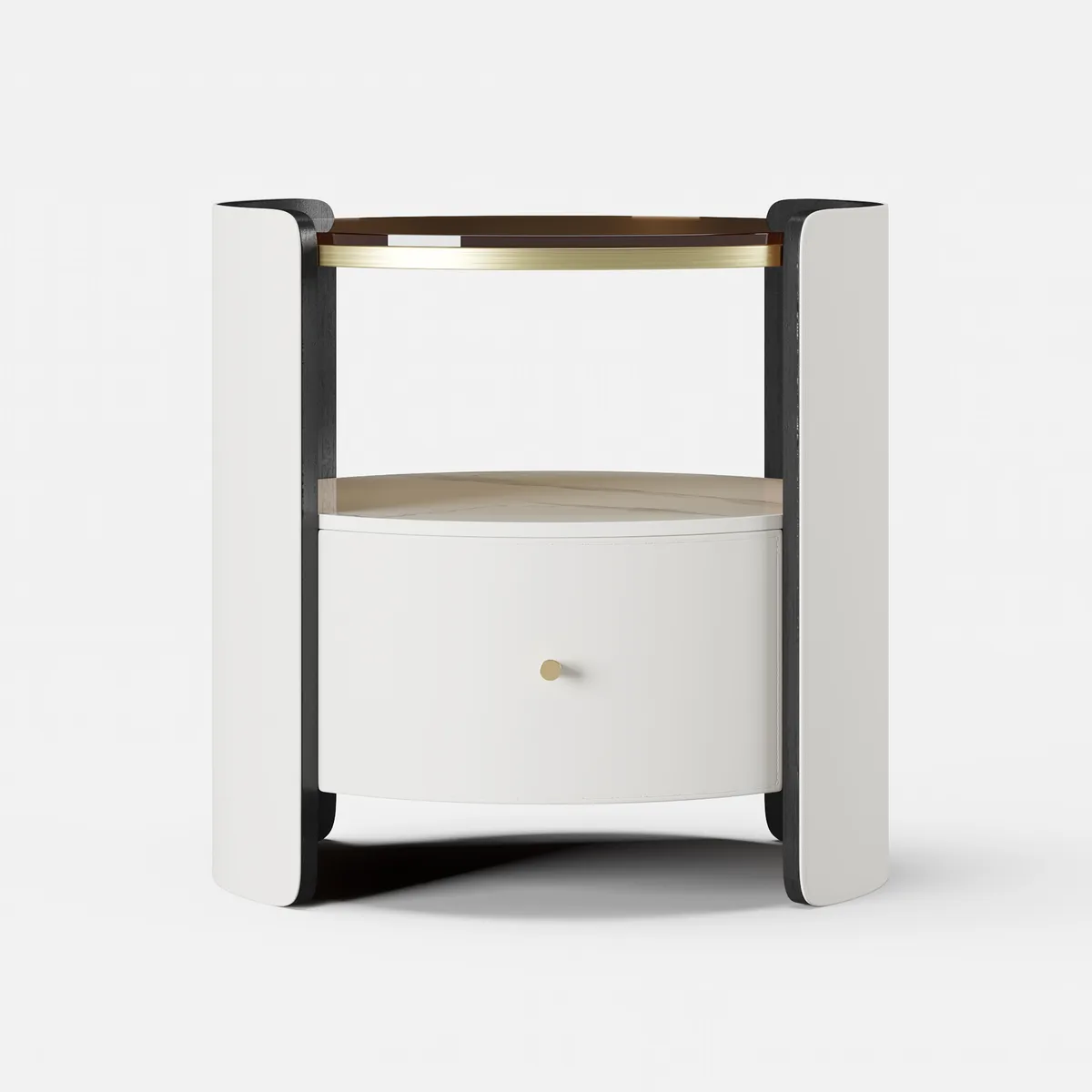 Modern Round Gray Leather Nightstand with Glass Top & Sintered Stone Bedside — image 18