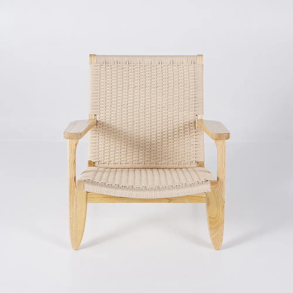 Japandi Solid Wood Outdoor Patio Lounge Chair Armchair Kraft Paper Rope Woven Seat — image 8