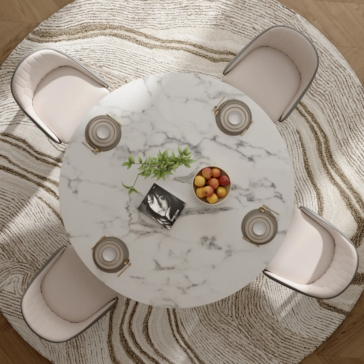 53.1" Round Dining Table Faux Marble Top Gold & Black Pedestal for 6 Person Modern — image 5