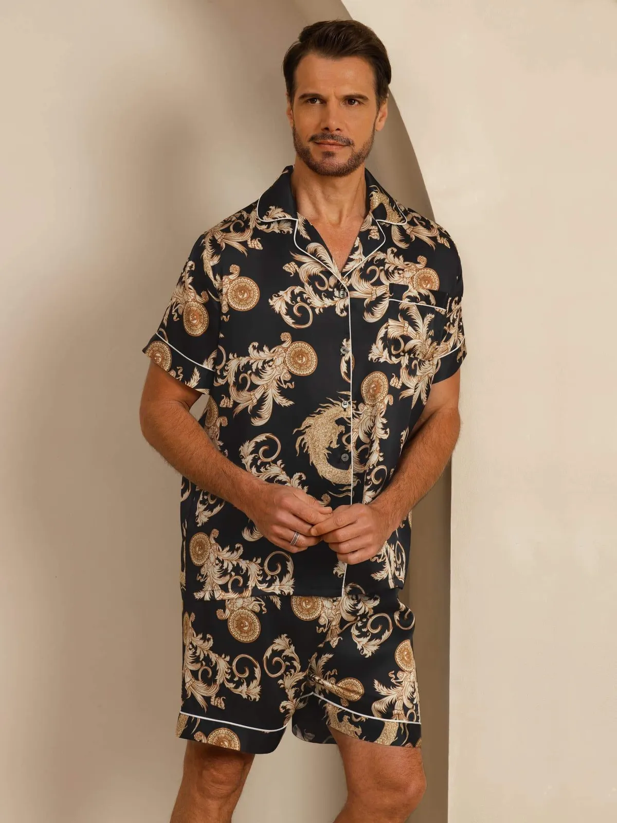 100% Mulberry Silk Men's Dragon Print Short Sleeve Lapel Collar Pajamas Set — image 4