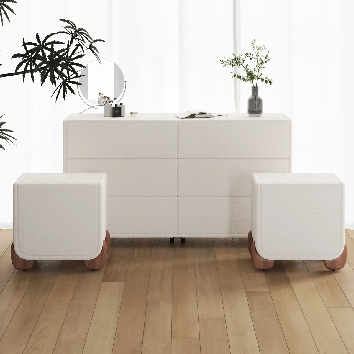 Modern White Boucle Platform Bed King Size Bed Frame & 2-Drawer Smart Boucle Nightstand — image 5