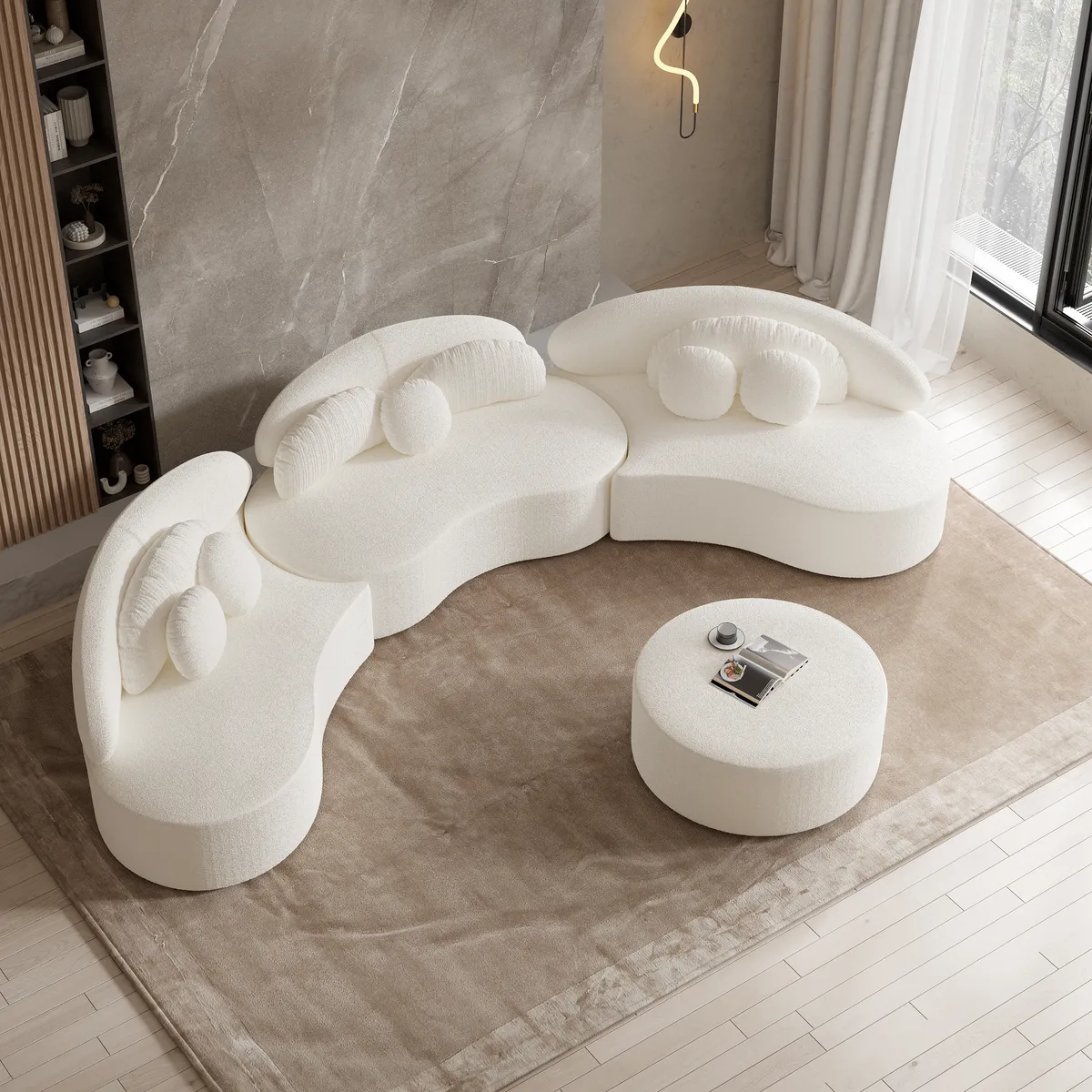 Modern 7 Seat Sectional Sofa Curved Modular Beige Velvet Upholstered with Ottoman — image 12