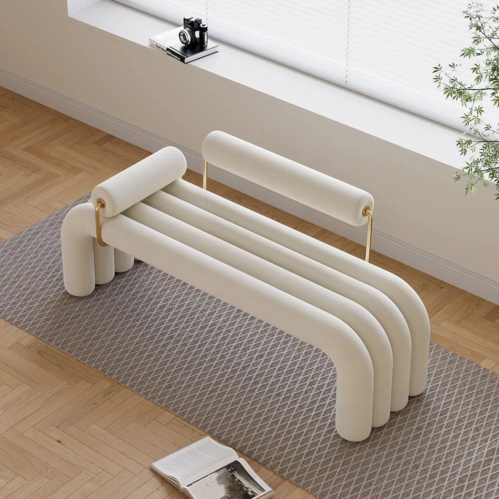 Modern White Line Tufted Bench Velvet Upholstered Entryway Bench in Gold Finish — image 5