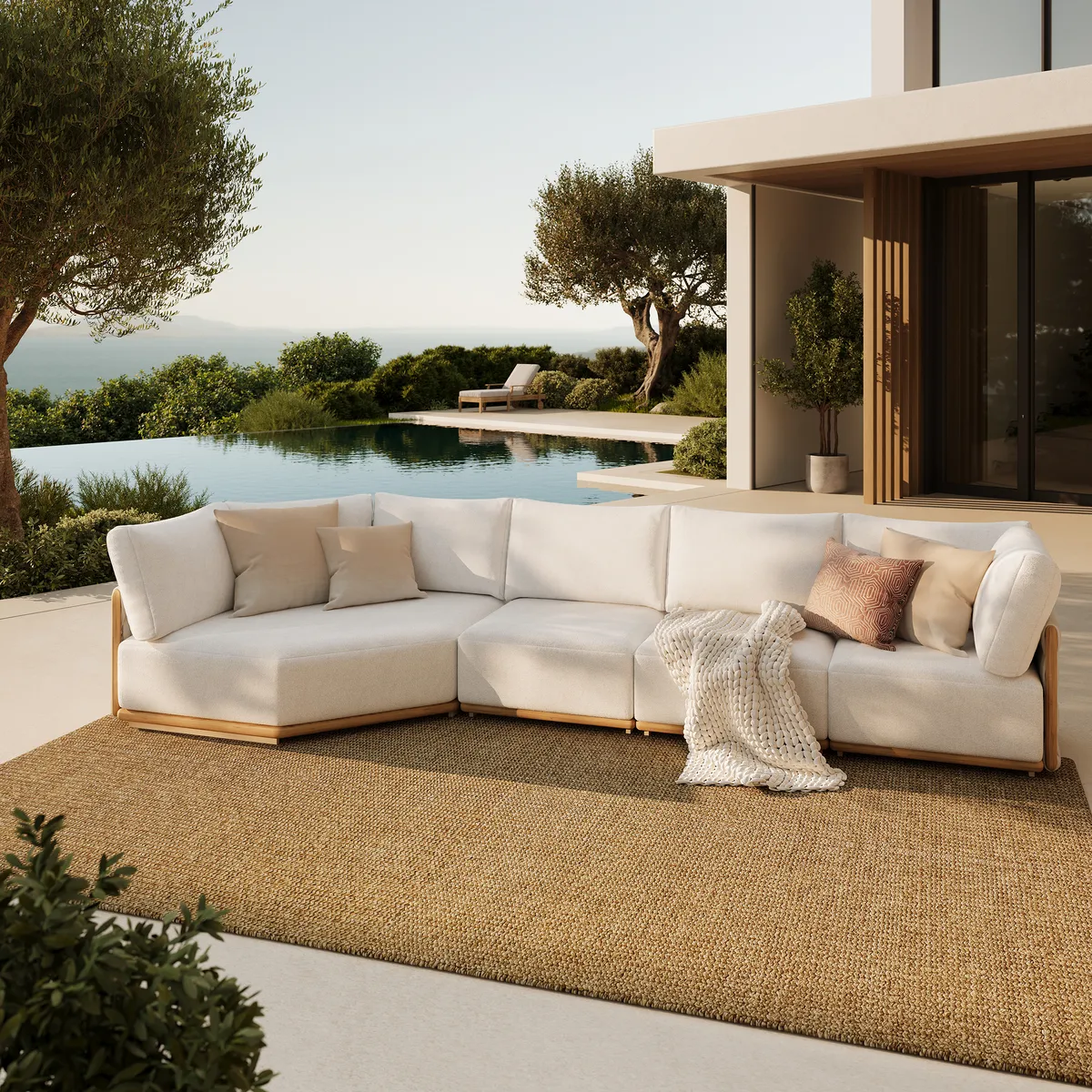 4-Piece Outdoor Teak & Aluminum Sectional Sofa Set with Chaise for 4 in Light