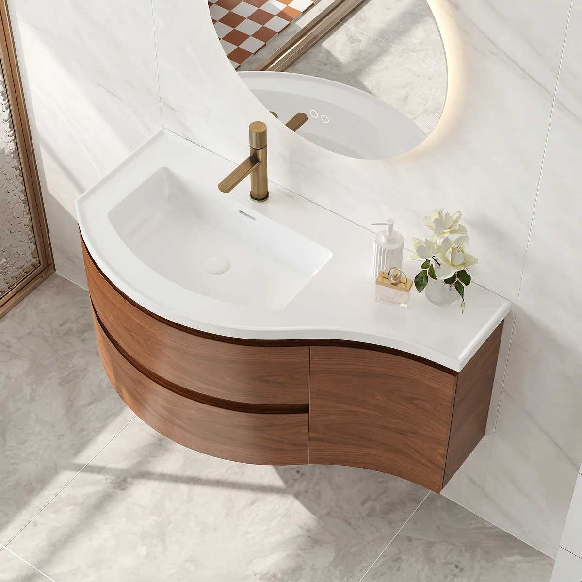 35" Floating Curved Bathroom Vanity Half-Circle Bathroom Cabinet