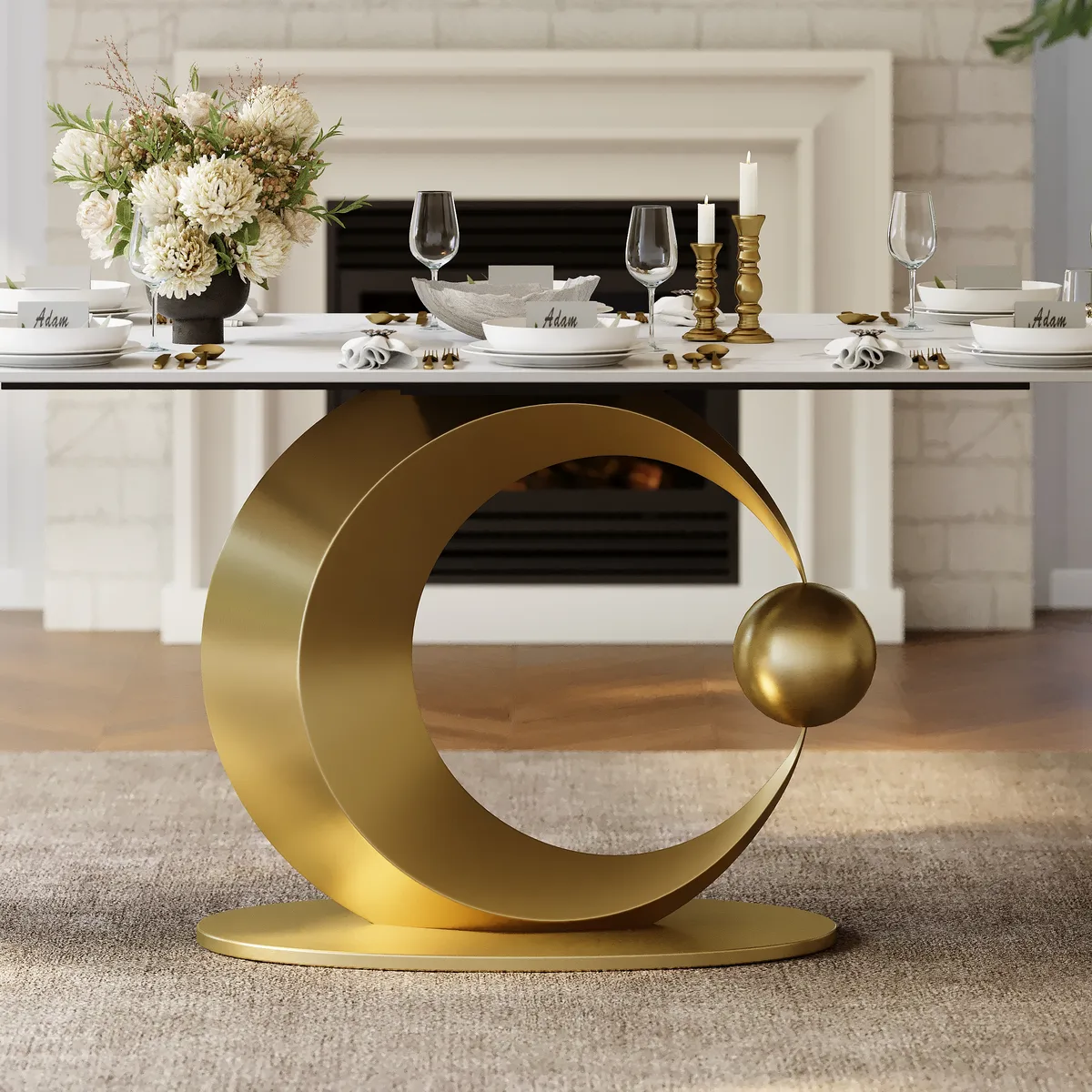 71" White Rectangular Dining Table Modern Faux Marble Tabletop with Pedestal Base — image 9