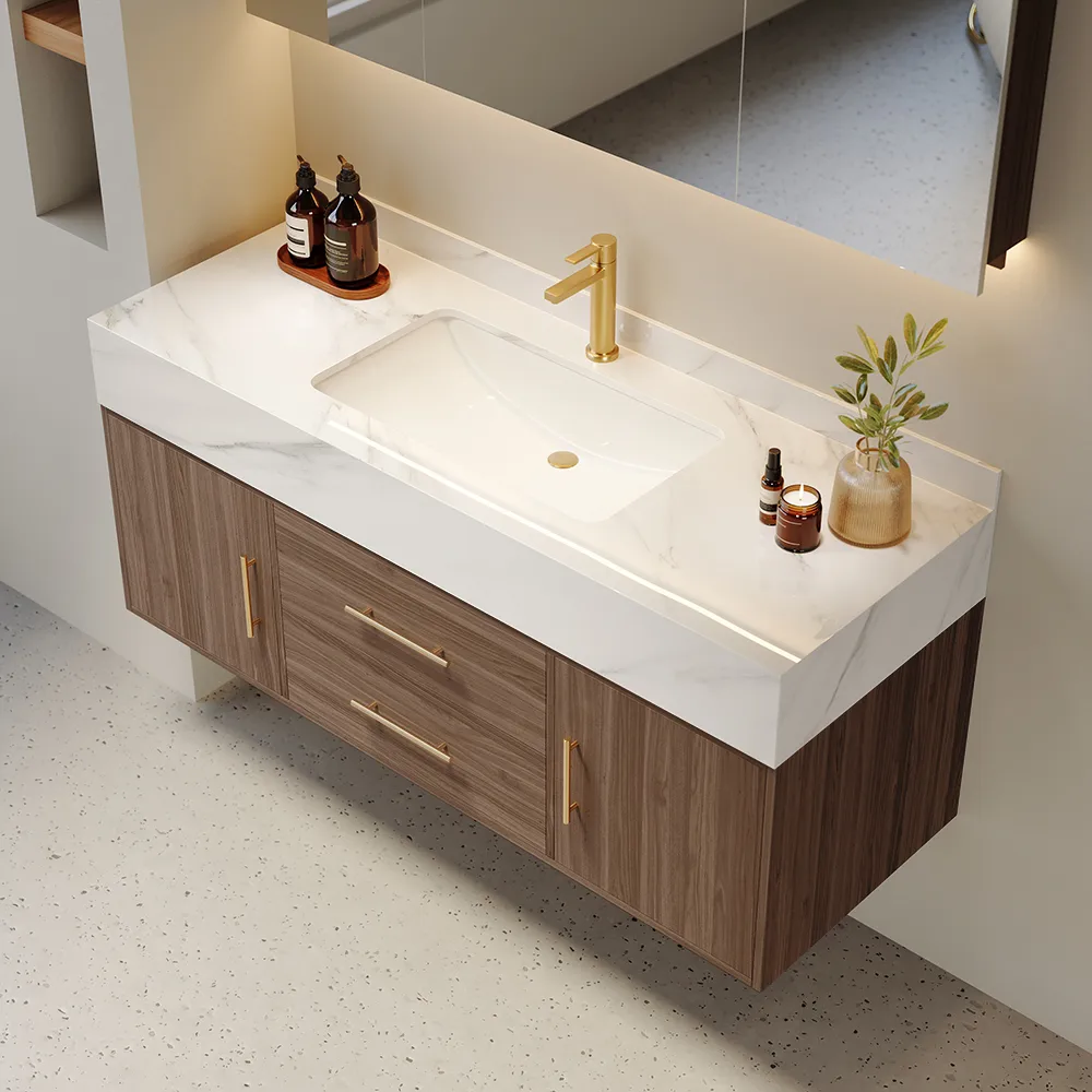 59" Double Sink Bathroom Vanity with Gold Handles – Walnut Modern Floating Vanity — image 9