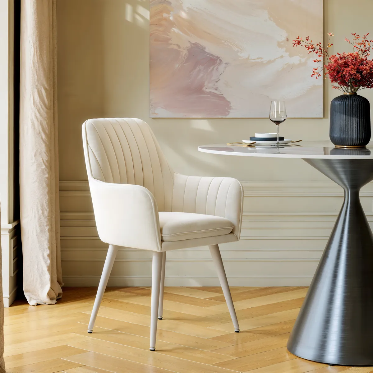 Modern Warm White Velvet Dining Chair with Cushioned Seat — image 2