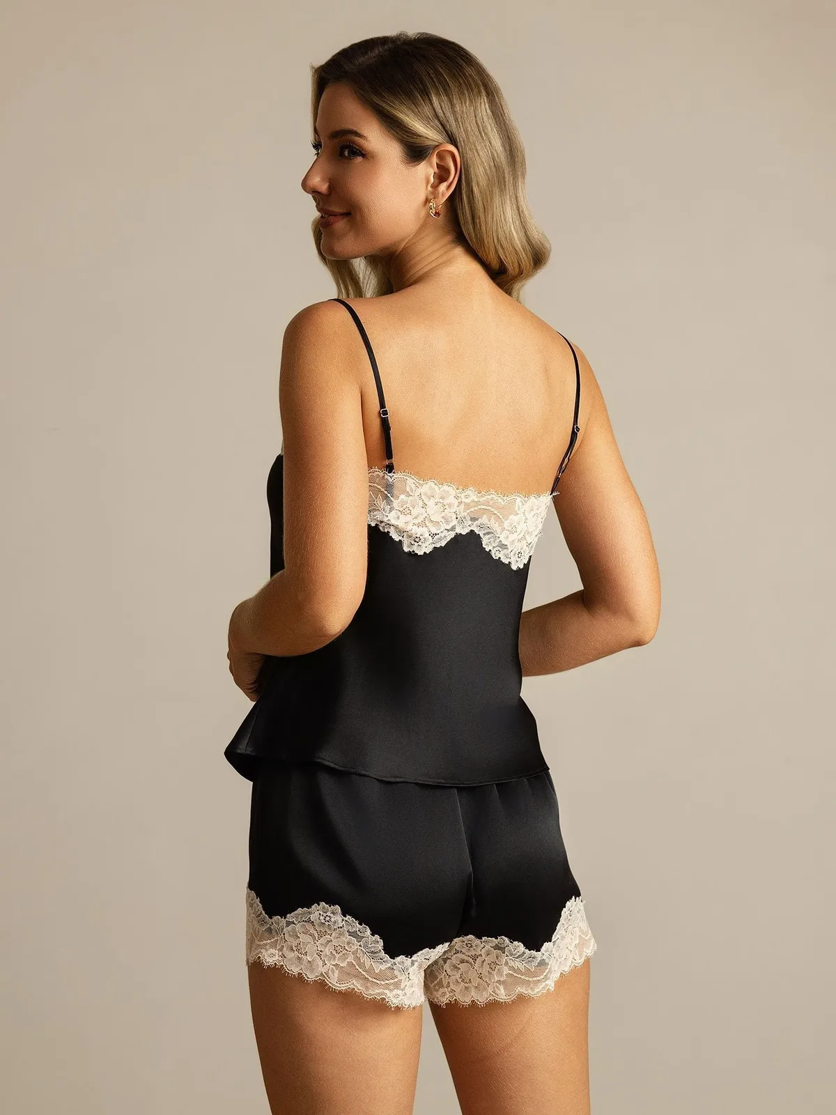 100% Mulberry Silk Spaghetti Strap V Neck Camisole Set with Lace Design — image 8