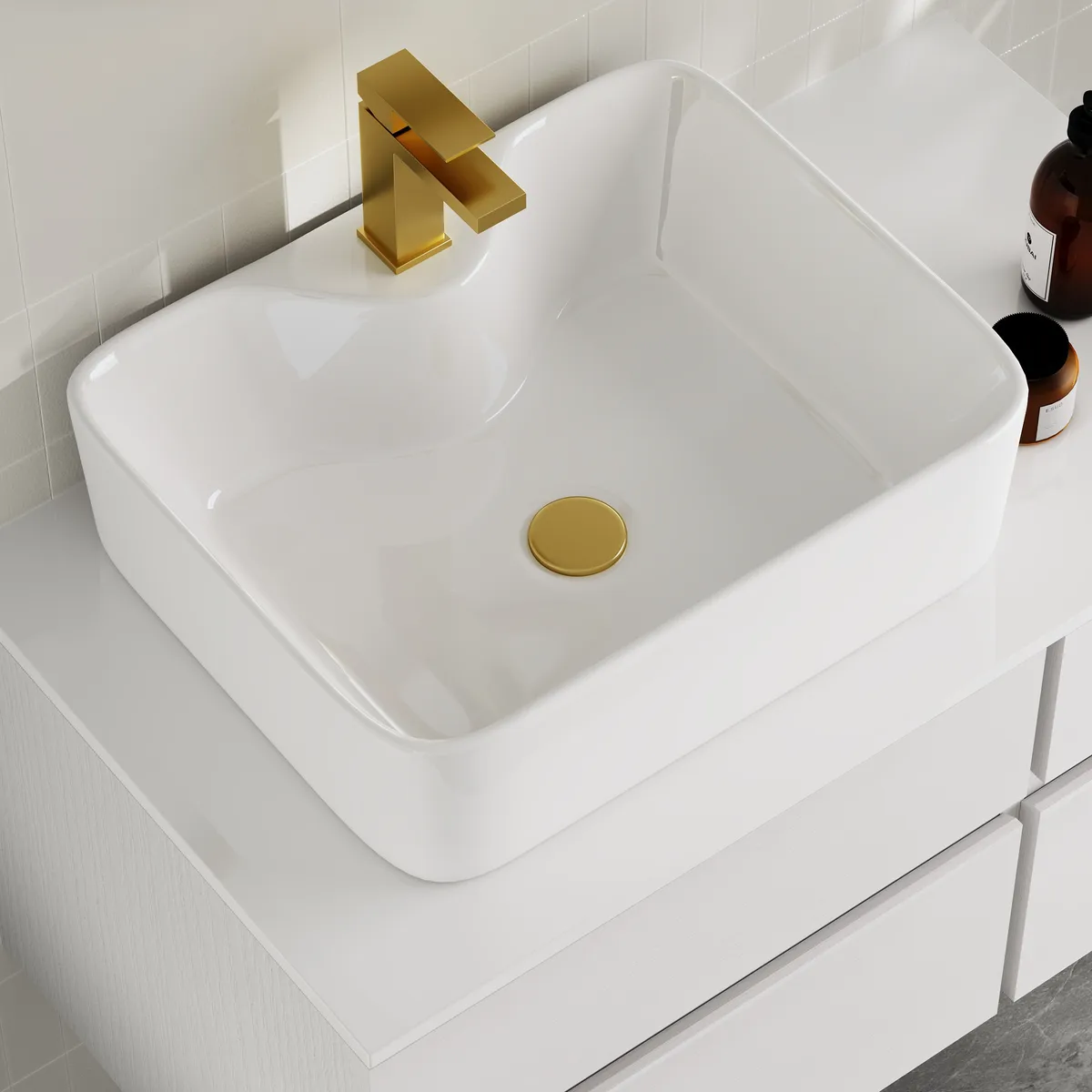 31.5" Walnut Floating Bathroom Vanity Left Offset Ceramic Vessel Sink — image 16