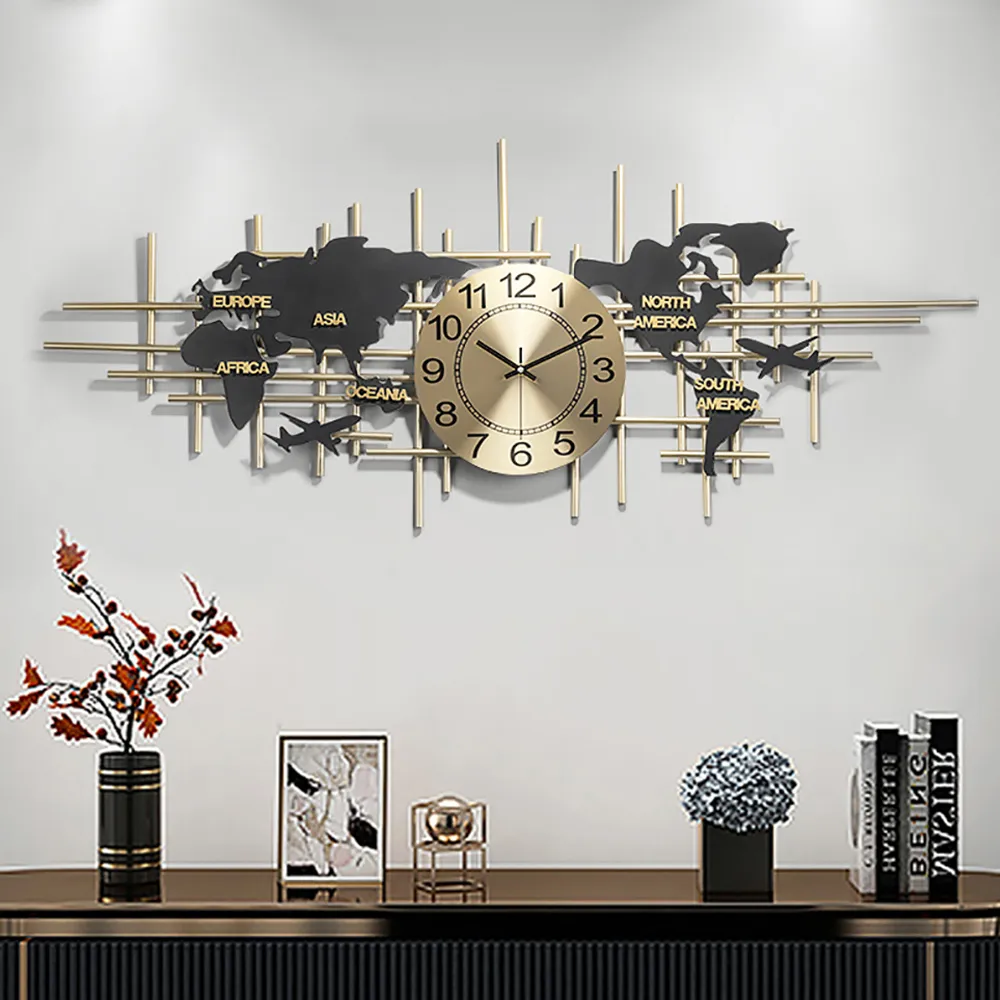 38" Modern Metal Large Map Wall Clock Decor Creative Silent Clocks Art for Living Room