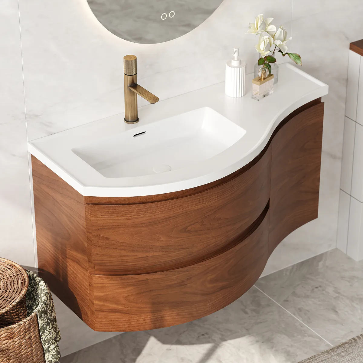 35" Floating Curved Bathroom Vanity Half-Circle Bathroom Cabinet — image 4