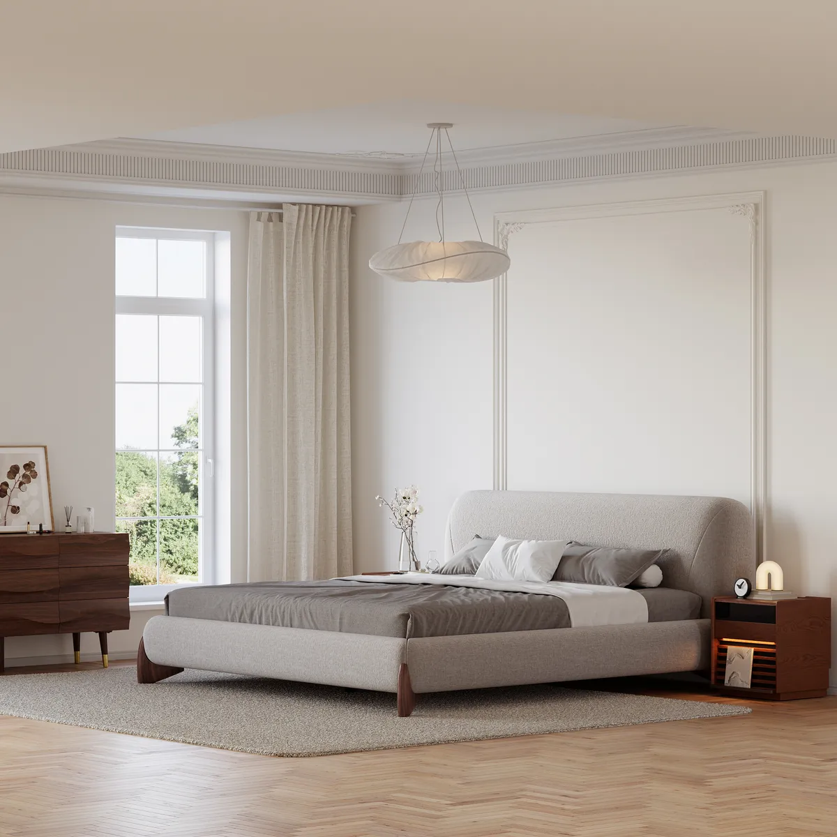 Modern White Boucle Platform Bed Queen Size Bed Frame with Upholstered Headboard — image 4