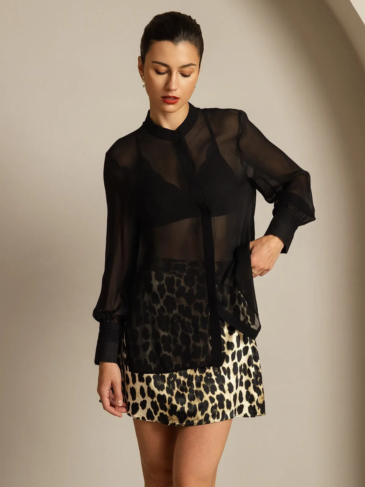 100% Mulberry Silk Long Sleeve Split Sheer Blouse — image 3