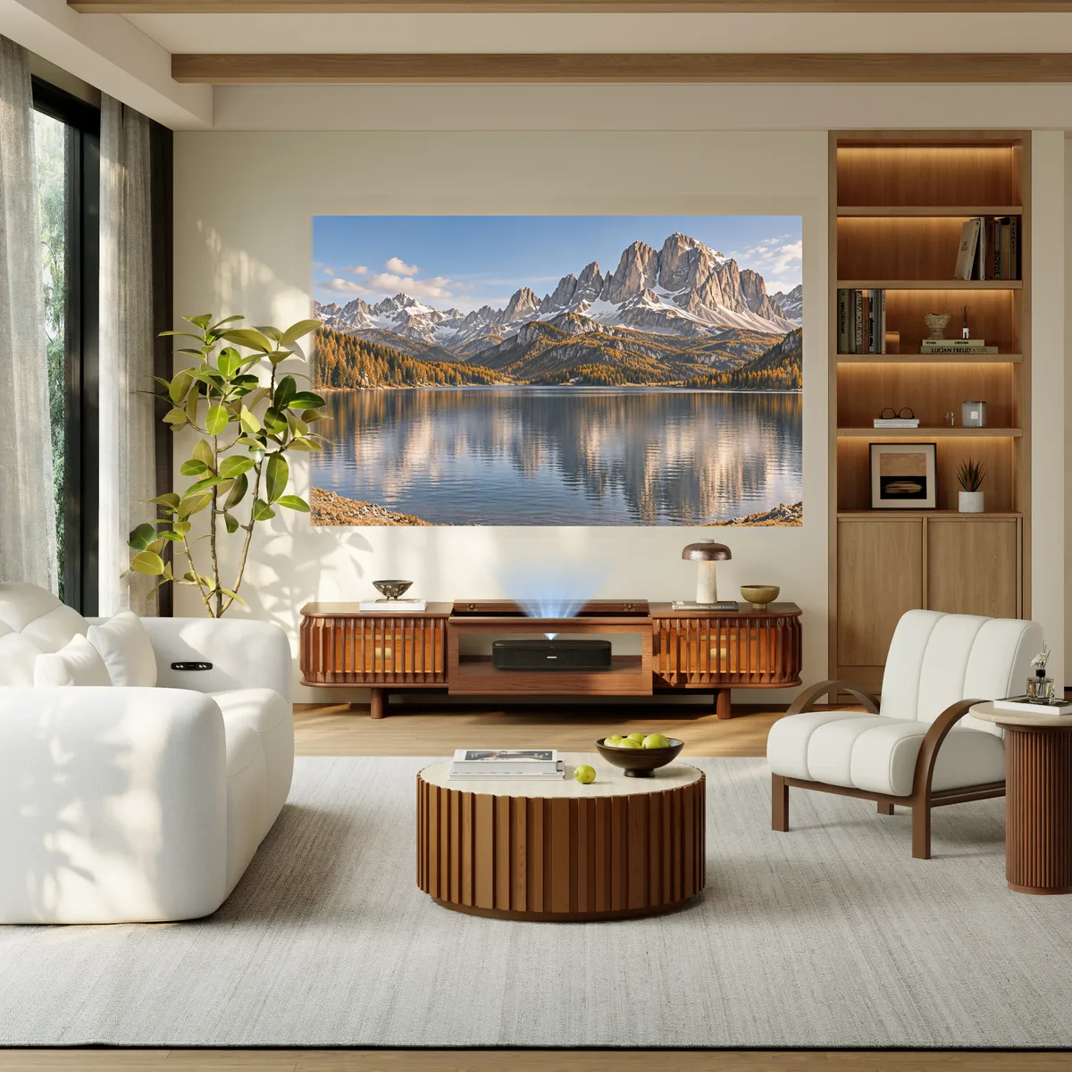 80" Ash Wood Fluted Walnut Projector TV Stand with LED — image 5