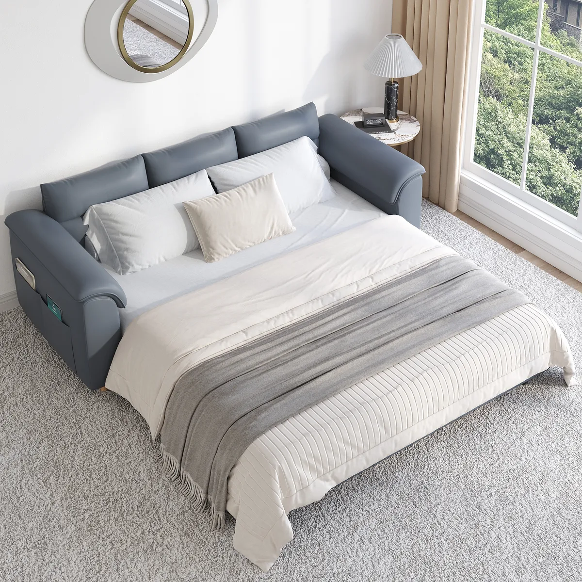 Leather Queen Size Sleeper Sofa with Trundle Pull Out Sofa Bed — image 4