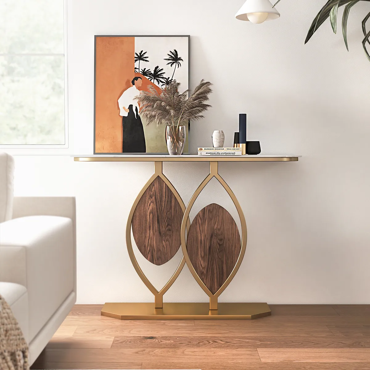 39.4" White Console Table Wooden Accent Table For Entryway with Sintered Stone Top & Abstract Base in Rose Gold & Walnut Finish — image 6