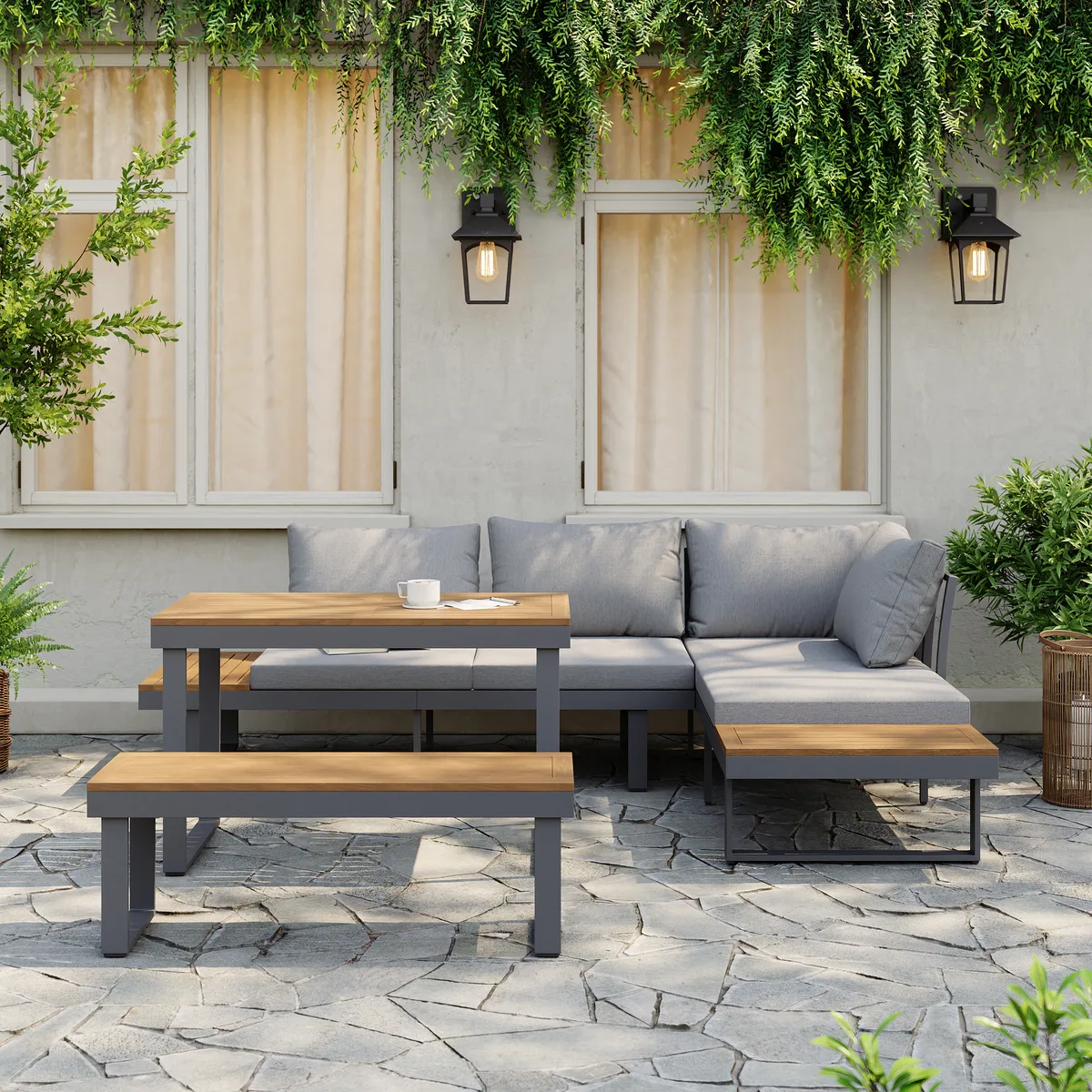 Slatera Outdoor Acacia & Aluminum Modular Sofa Set in Dark Gray with Black Cover — image 25