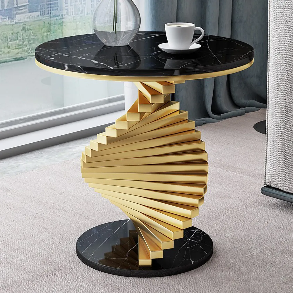 Round Marble Tabletop End Table with Metal Frame Modern Black & Gold Side Table — image 11
