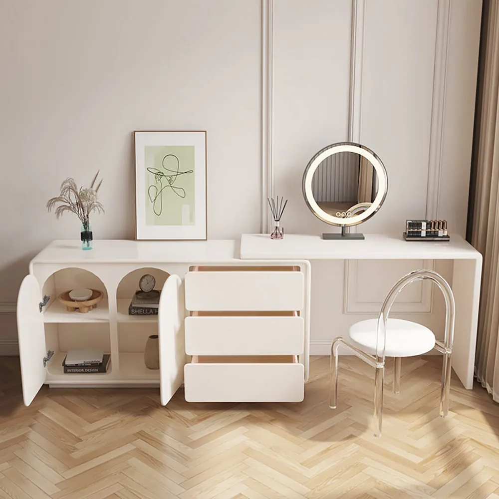 Modern White Makeup Vanity Retractable Dressing Table with Doors & Drawers Beauty Station for Bedroom — image 3