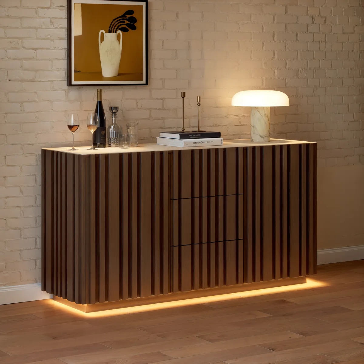 Aura 60" Faux Travertine Top Buffet Sideboard with Ash Wood Slatted Panels & Light — image 11