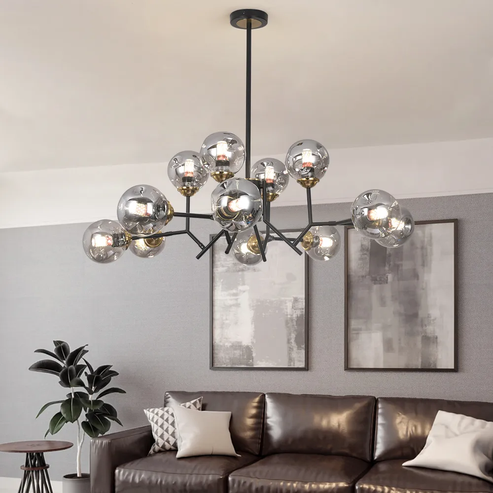 Modern Linear 12-Light Kitchen Island Light Black Chandelier with Globe Glass Shade Pendant Lighting — image 4