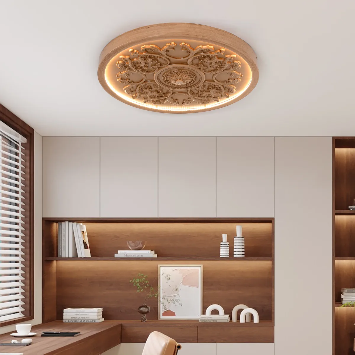 French Elegant White Resin 3D Carved LED Dimmable Flush Mount Ceiling Light — image 19