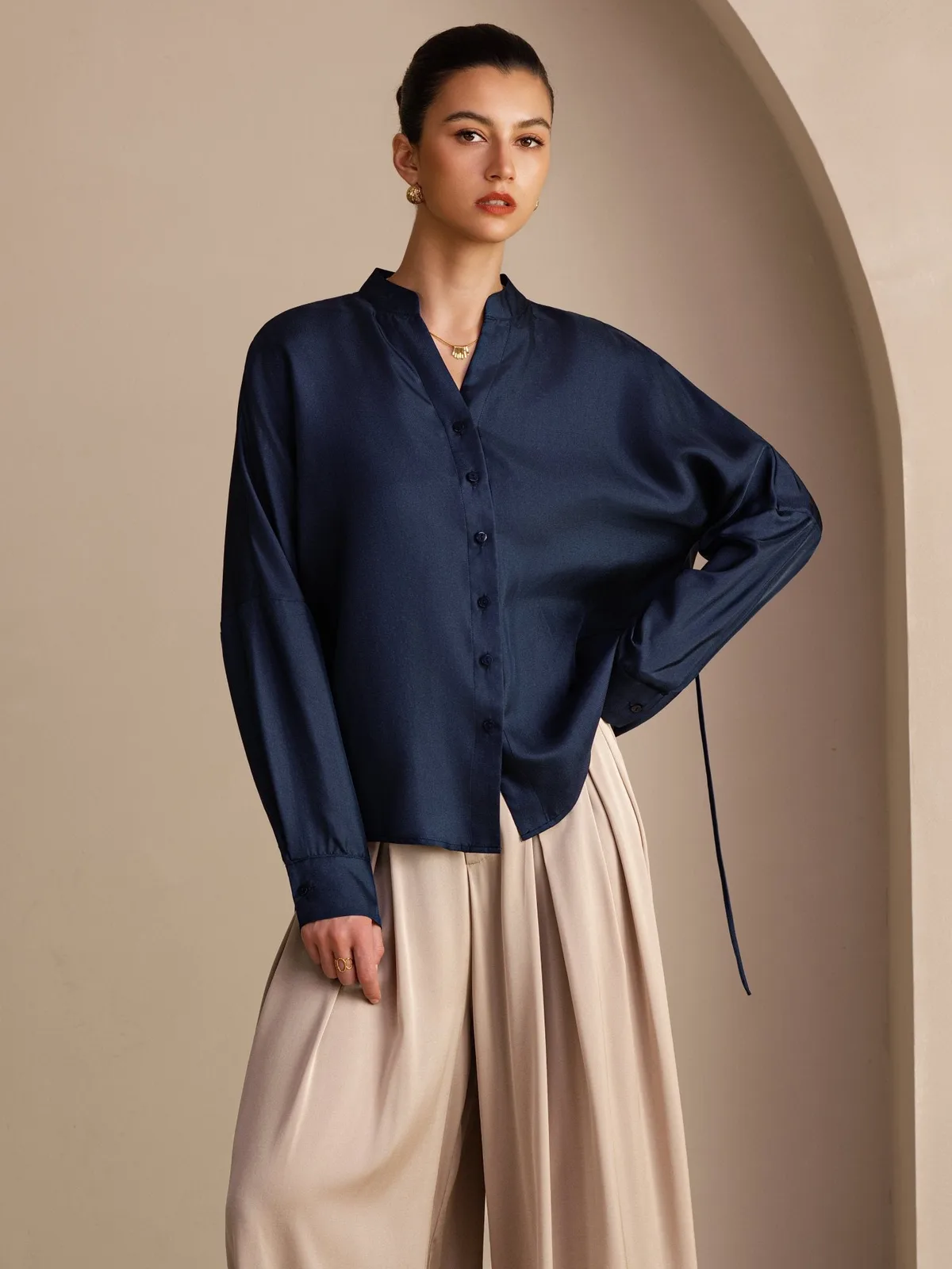 100% Mulberry Silk Women’s Split Neck Long Sleeve Blouse With Drawstring — image 3