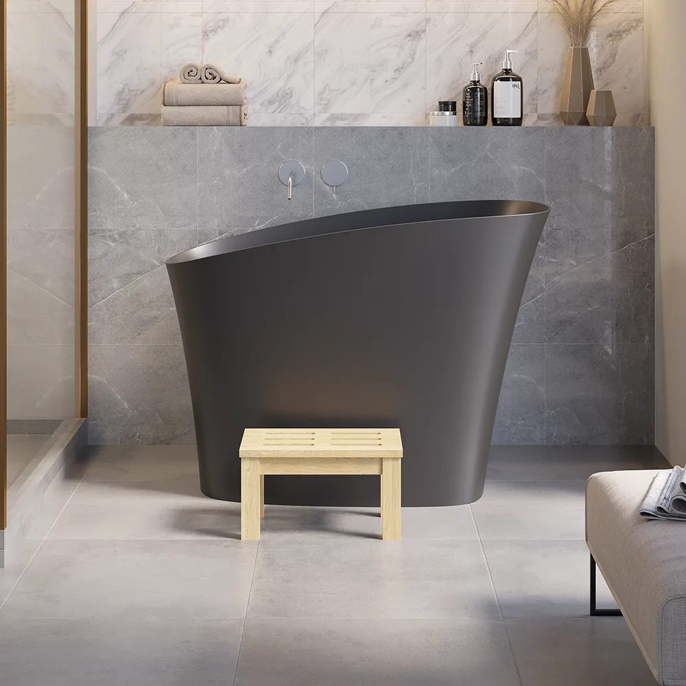 47" Japanese Irregular Freestanding Stone Resin Soaking Bathtub, Marble Look — image 21