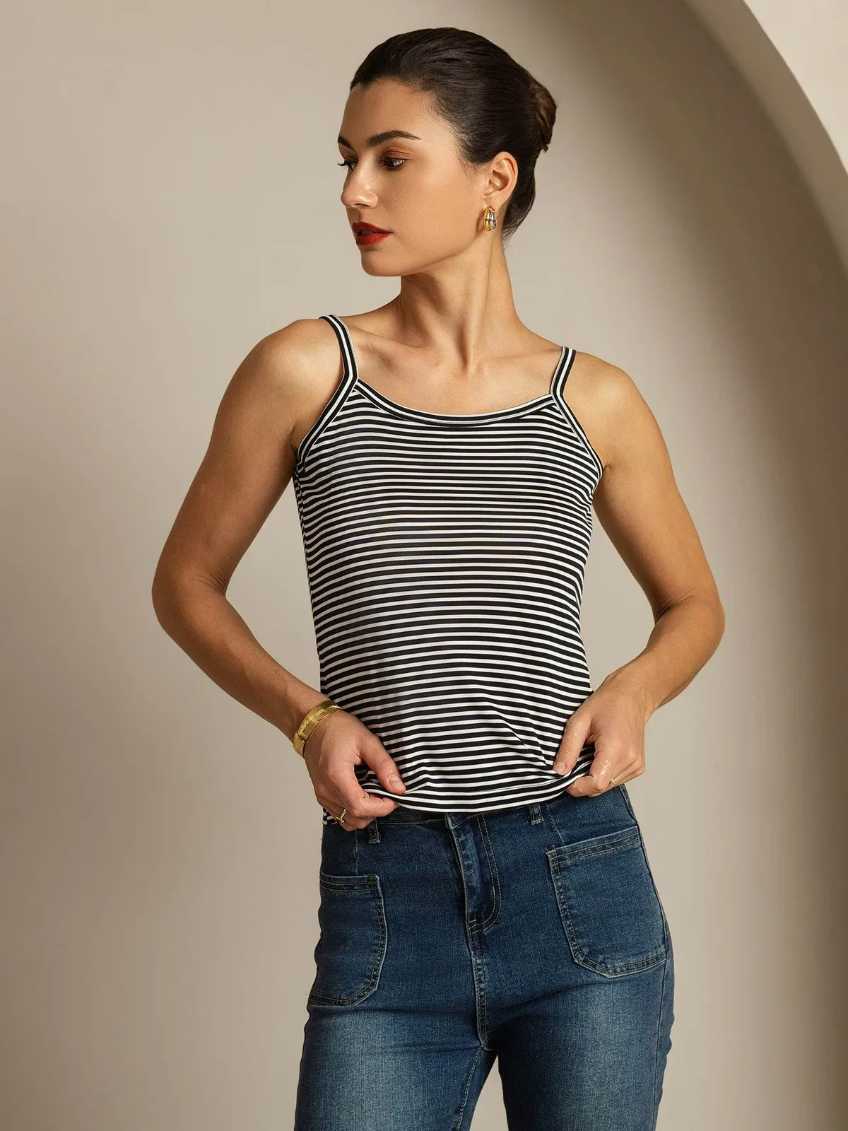 100% Mulberry Silk Spaghetti Strap Square Neck Stripe Camisole Top — image 5