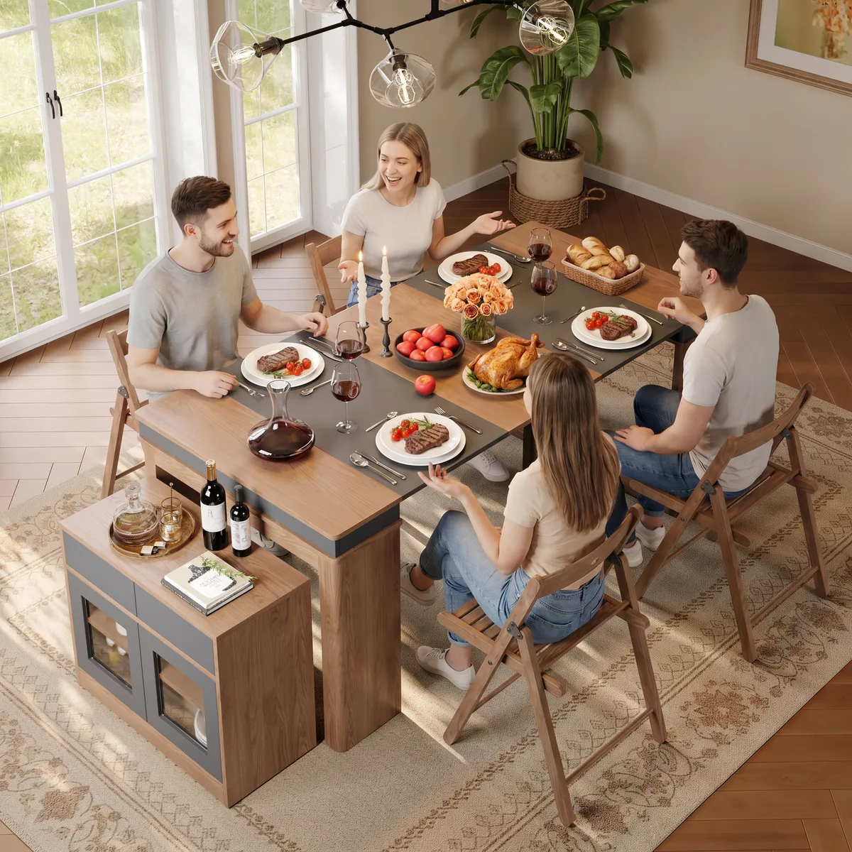 70.9" Rectangle Extendable Dining Table with Storage Sideboard for 4 Farmhouse Walnut & Gray Expandable Table — image 6