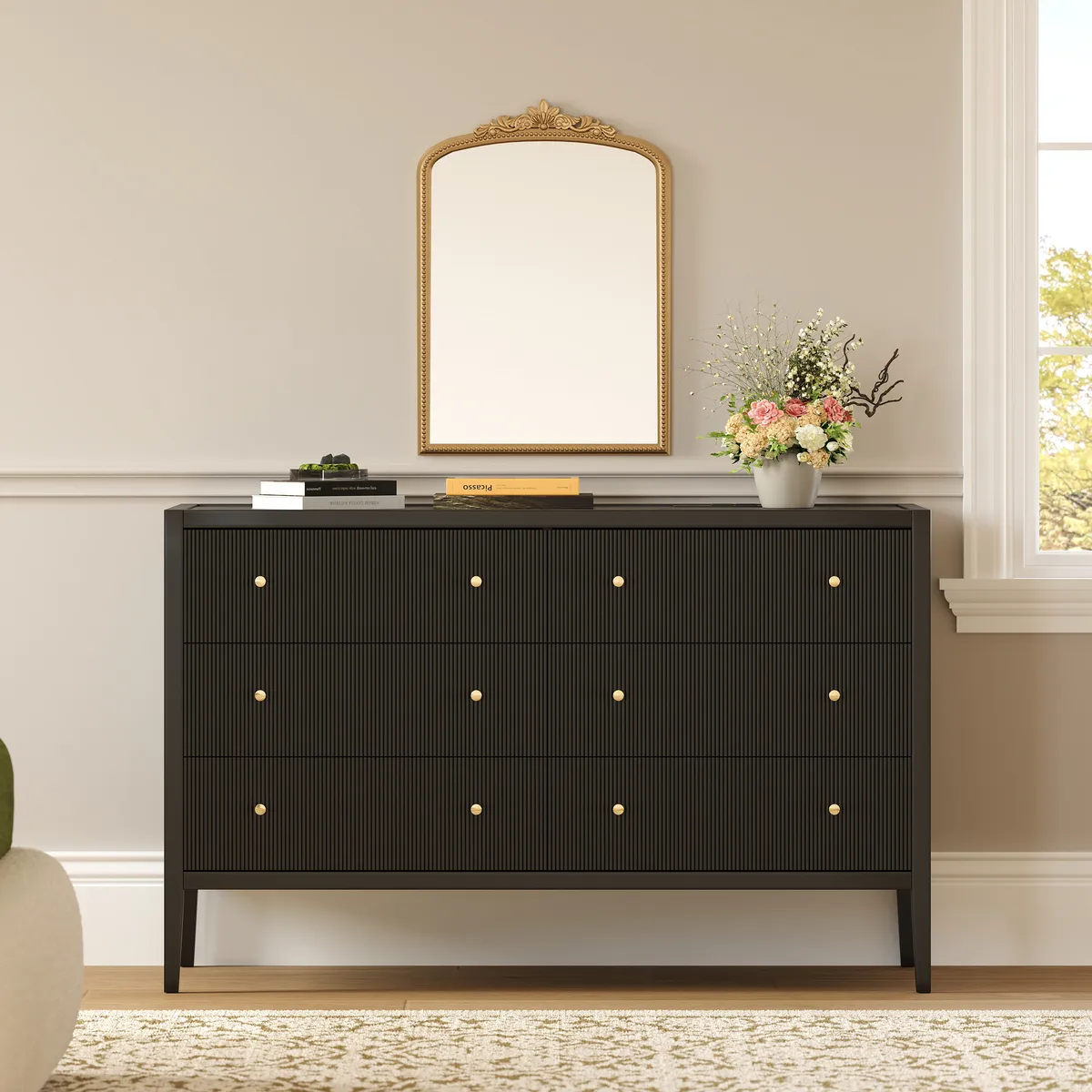 Stria Black Fluted 6-Drawer Dresser & 2 Wide Nightstands Set — image 6